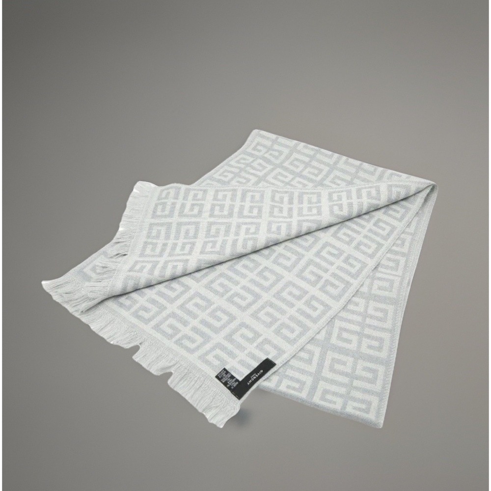 Givenchy Scarf Light Grey White Monogram Virgin Wool Blend Fringe Made in Italy - Picture 3 of 5